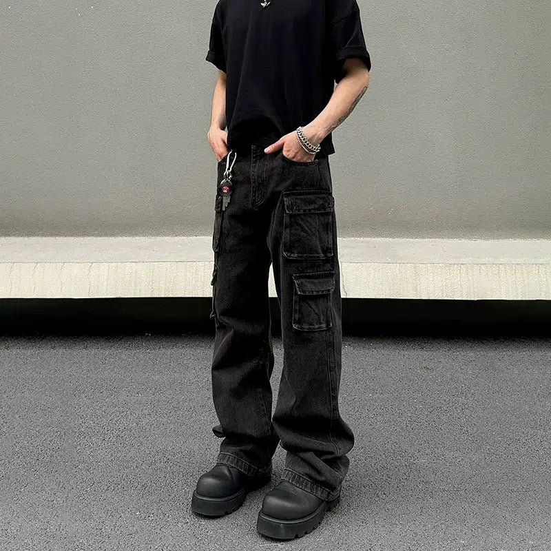 Black Multi-pocket Denim Cargo Pants