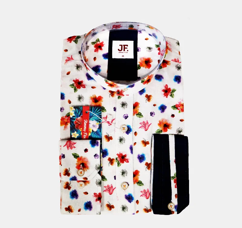 JF502A JIMMY FOX White Mini Floral Print Tailored Fit Long Sleeve Shirt