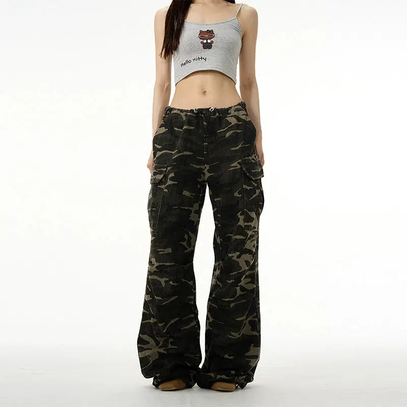 Elastic Wide-leg Camouflage Cargo Pants