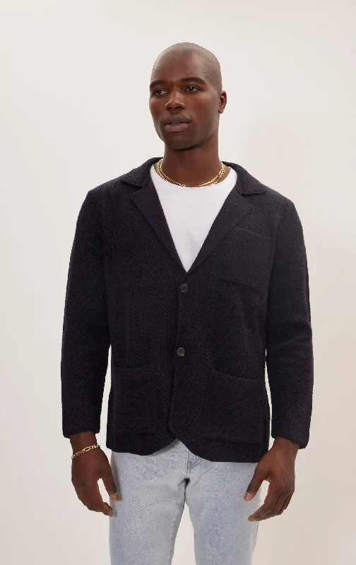 Knitted Notch Laper Fitted Blazer - Navy