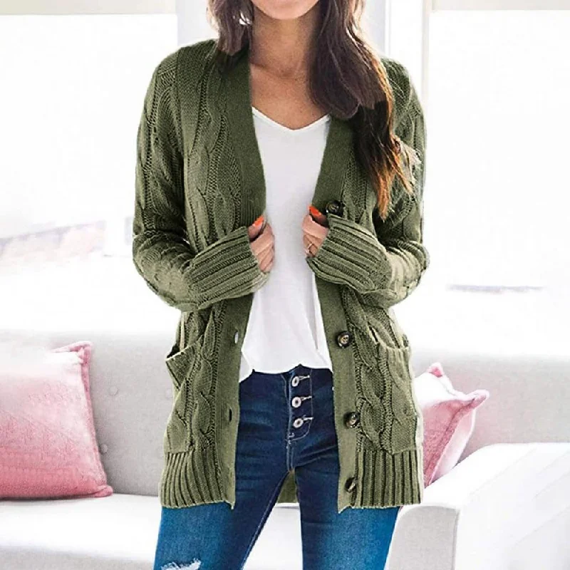 Amy Fashion - Women Knitted Cardigan Pockets Button Sweater Coat