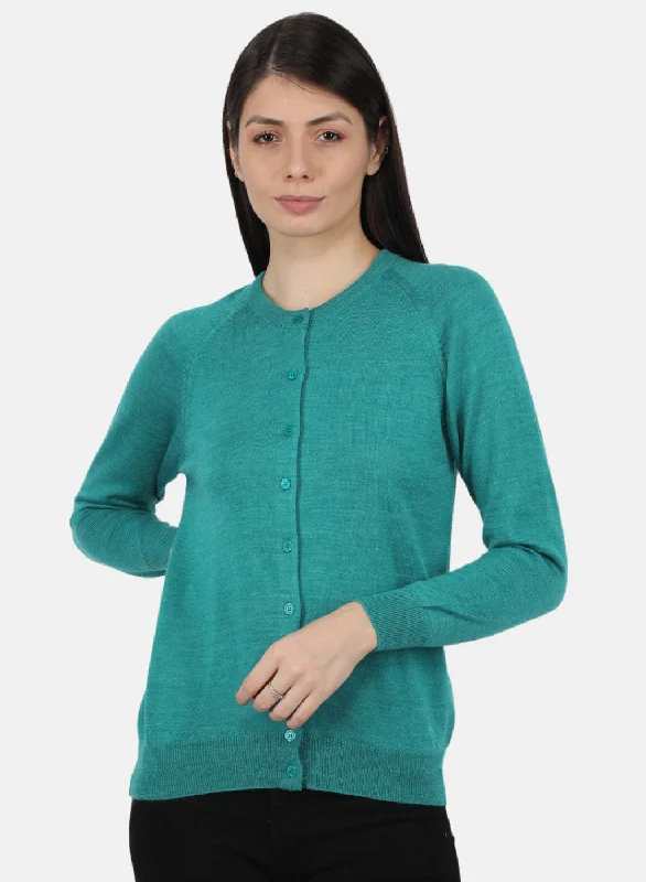 Women Aqua Green Solid Cardigan