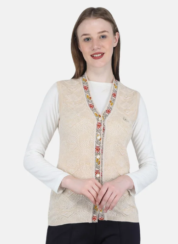 Women Beige Self Design Cardigan