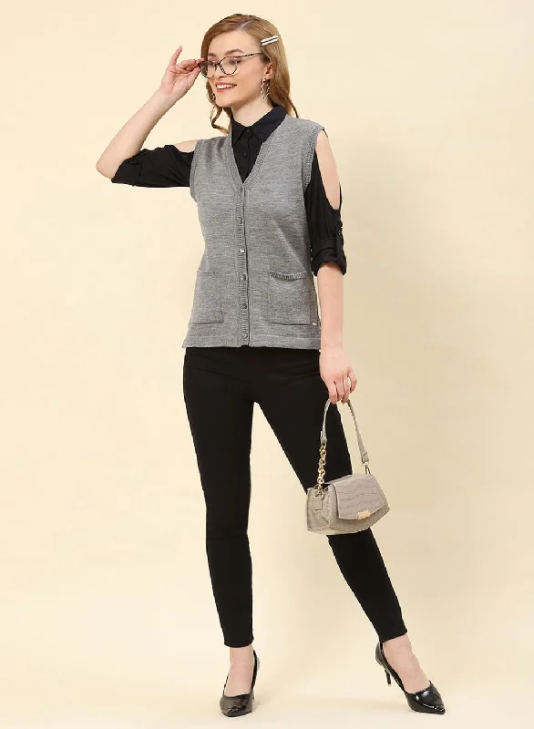 Women Grey Solid Blend wool Cardigan