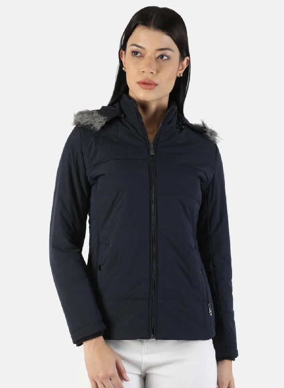 Women Navy Blue Plain Jacket