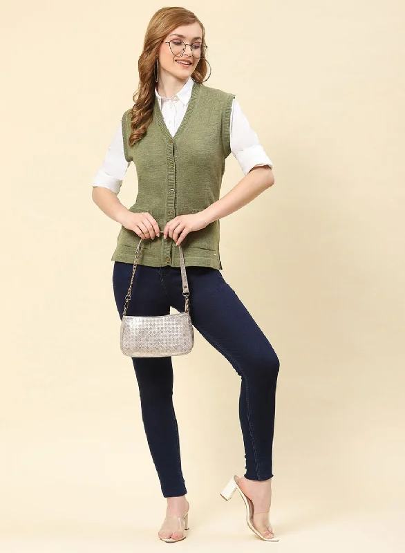 Women Olive Solid Blend wool Cardigan