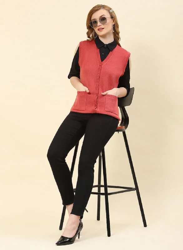 Women Red Solid Blend wool Cardigan