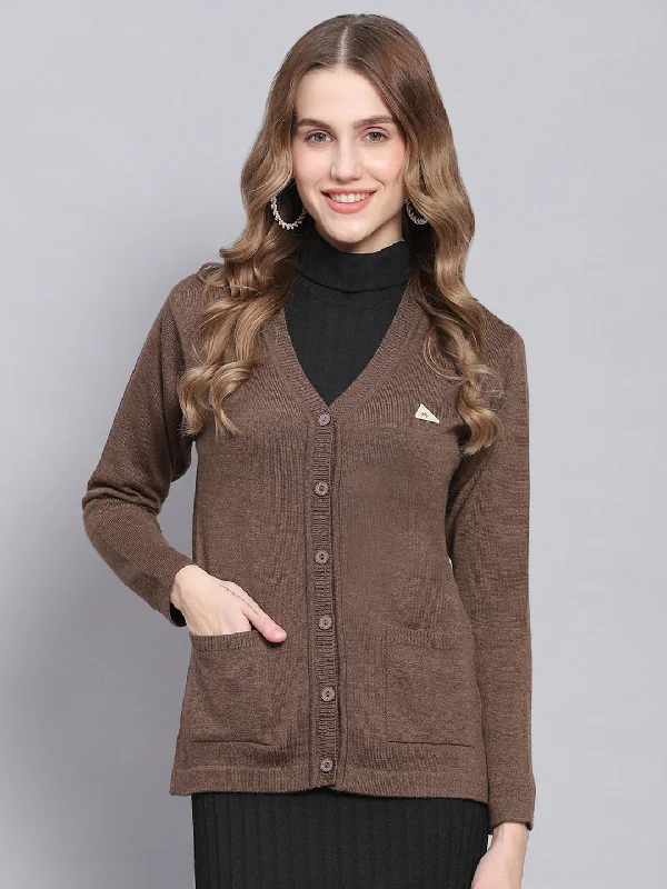 Women Brown Solid V Neck Full Sleeve Cardigans