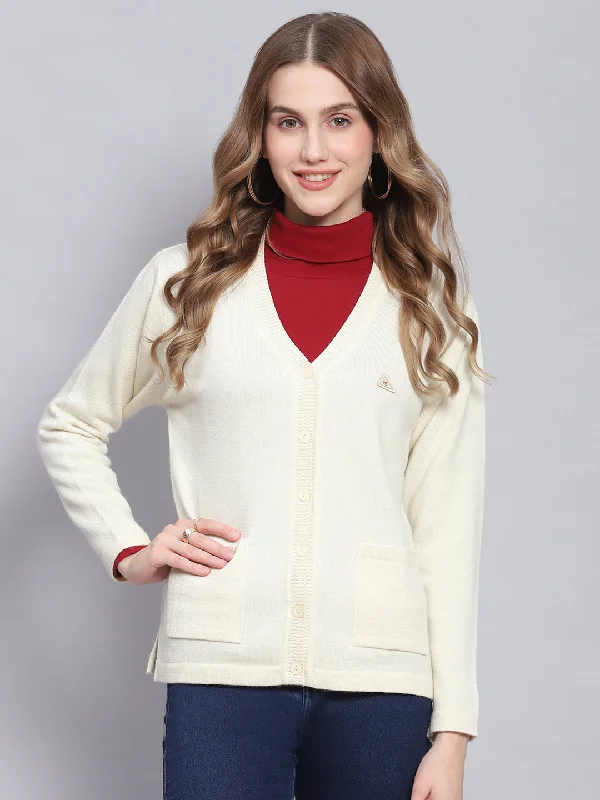 Women Off White Solid V Neck Full Sleeve Cardigans