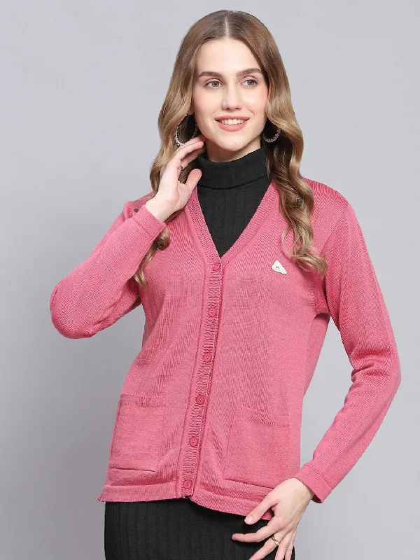 Women Pink Solid V Neck Full Sleeve Cardigans