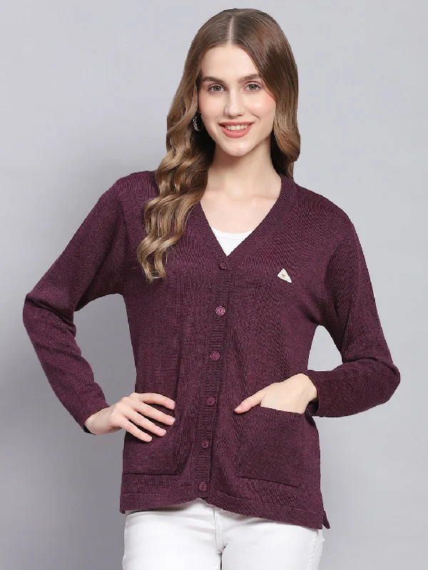 Women Purple Solid V Neck Full Sleeve Cardigans