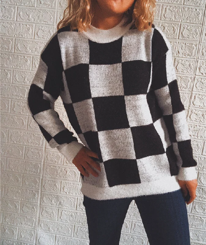 Autumn custom plaid patchwork round neck long sleeve loose knit oversized sweater pullover crew neck sweater for ladies