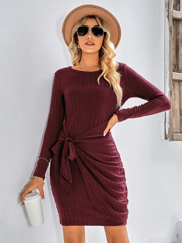 Blue Zone Planet |  Knitted Round Neck Long Sleeve Package Hip Strap Dress