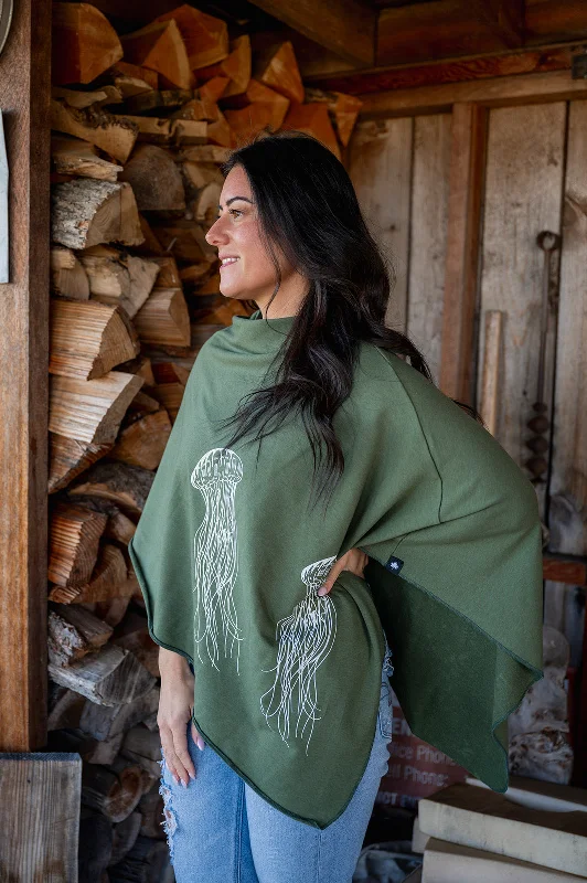 Moss Green Tencel Poncho with Jellyfish Print