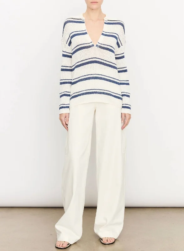 Racked Ribbed Pullover Sweater In Navy/off White