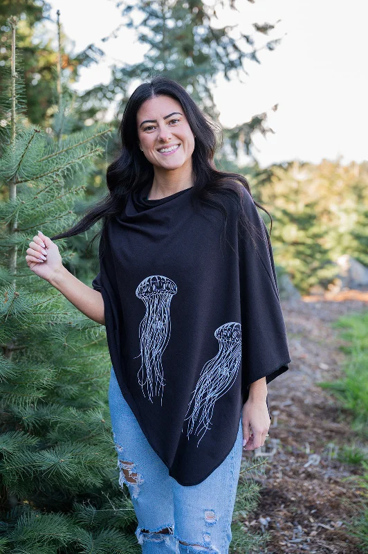 Raven Black Poncho with Jellyfish Print