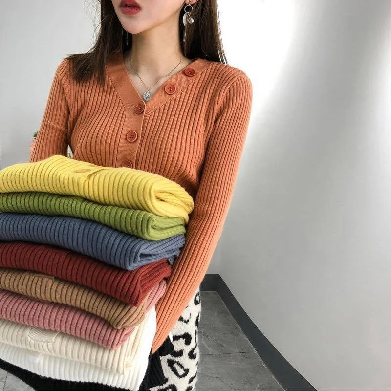 Sweater Women's Autumn/Winter 2022 New Bottom Top V-Neck Long-Sleeved Slimming Pullover Headbreasted Solid Color