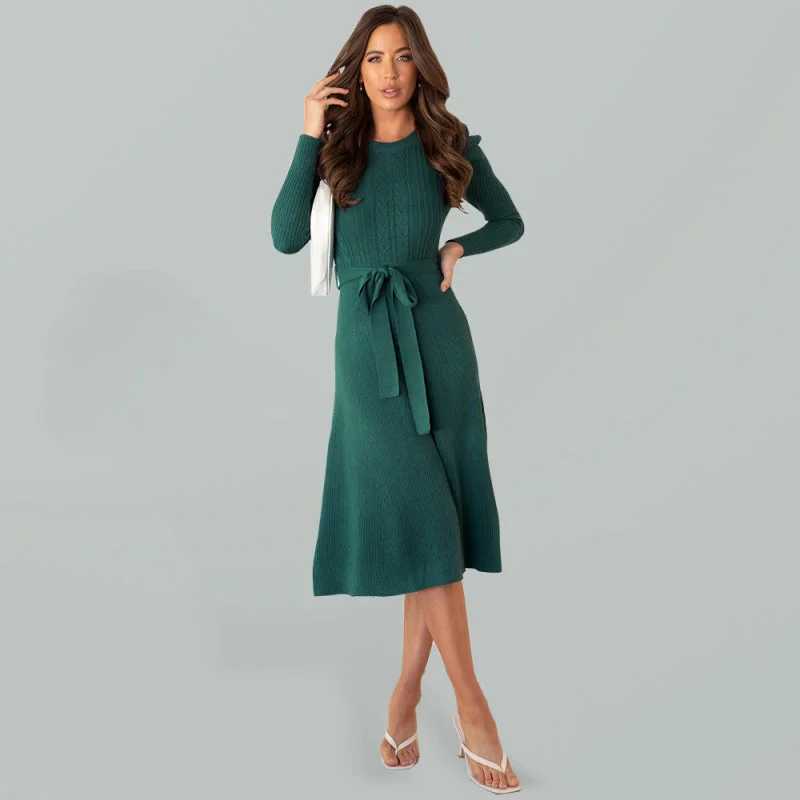 Blue Zone Planet |  wool knitted puff sleeve high waist midi dress